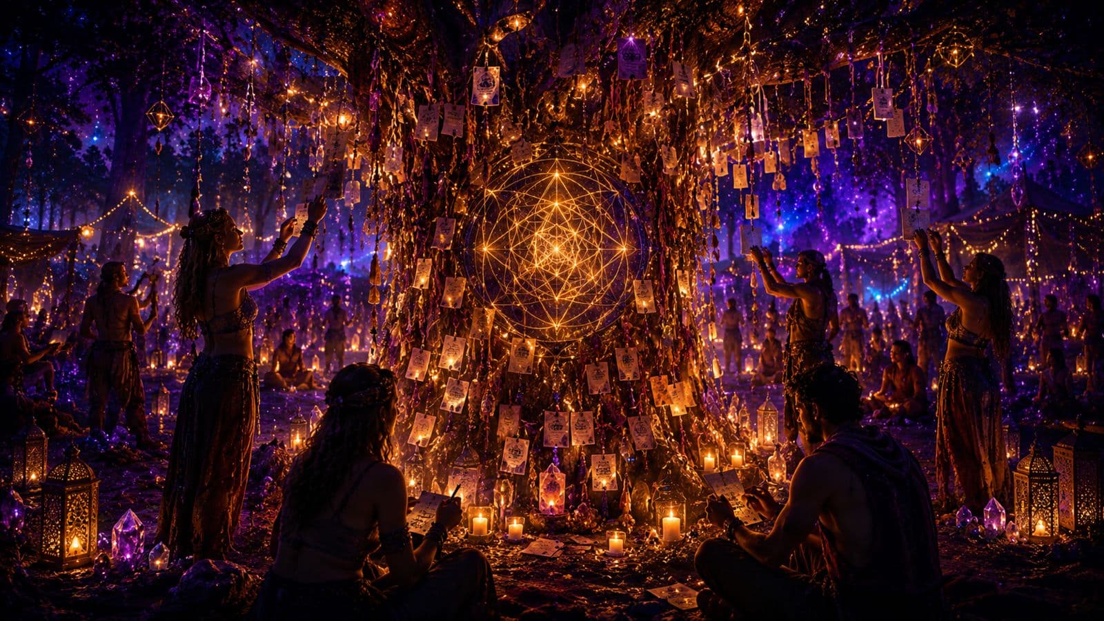 Mural de intenções montado entre as árvores